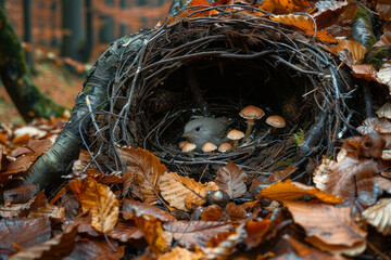Poster - Abstract image of a bird's nest at the heart of an autumn landscape, with falling leaves and warm colors swirling around it.