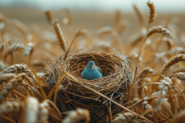 Poster - Depiction of a bird's nest among a field of wheat, with lines and textures representing the cycles of growth and harvest.