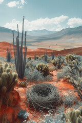 Poster - Artistic rendering of a bird's nest in a desert landscape, with sand dunes and cacti creating a stark yet harmonious scene.