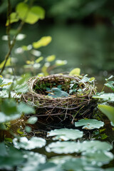 Poster - Abstract image of a bird's nest within a wetland, with herons, frogs, and water plants showing the interconnectedness of the habitat.