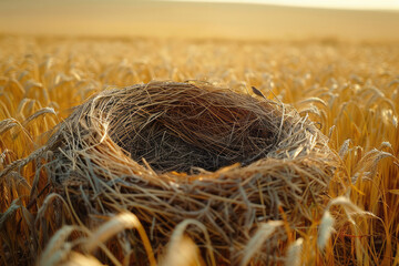 Poster - Depiction of a bird's nest among a field of wheat, with lines and textures representing the cycles of growth and harvest.