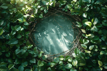Poster - Illustration of scattered branches and leaves gradually forming a circular pattern, representing the initial stages of nest construction,