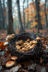 Poster - Depiction of a nest within a temperate forest, with layered leaves, mushrooms, and underbrush forming a detailed, complex ecosystem,