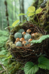 Poster - Depiction of a nest within a temperate forest, with layered leaves, mushrooms, and underbrush forming a detailed, complex ecosystem,