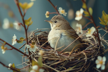 Poster - Depiction of a bird weaving small branches into a tightly-knit nest, emphasizing the detailed craftsmanship involved,