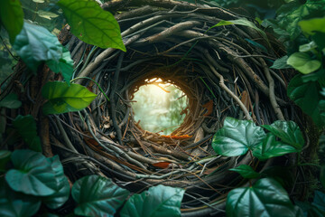 Poster - Illustration of twigs and leaves forming concentric circles, gradually building up the sides of a nest,