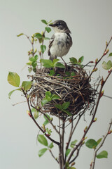 Poster - Illustration of a bird assembling a nest by layering leaves and twigs in a precise, overlapping pattern,