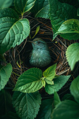 Poster - Illustration of a bird assembling a nest by layering leaves and twigs in a precise, overlapping pattern,