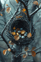 Poster - Depiction of a bird's nest forming from a swirling mix of leaves and twigs, symbolizing the harmonious integration of materials.