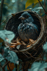 Poster - Depiction of a bird using its beak and claws to shape twigs and leaves into a beautifully intricate nest, showcasing the transformation from simple materials to complex architecture,