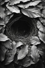Poster - Depiction of a bird's nest forming from a swirling mix of leaves and twigs, symbolizing the harmonious integration of materials.