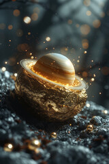 Poster - Illustration of a nest built within the rings of Saturn, with glowing particles and distant stars creating a magical environment,