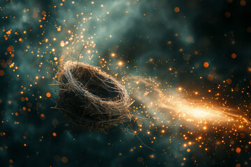 Poster - Abstract image of a bird's nest on a comet, trailing a bright tail of light as it moves through space.