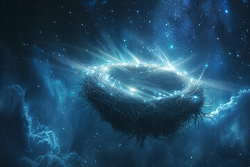Poster - Artistic rendering of a nest connected by beams of light to a distant constellation, symbolizing interstellar harmony,