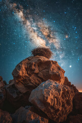Poster - Abstract image of a bird's nest resting on a moon, with the Milky Way stretching across the sky.