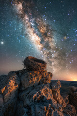 Poster - Abstract image of a bird's nest resting on a moon, with the Milky Way stretching across the sky.