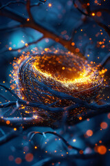Poster - Artistic rendering of a nest formed from pulsar beams, emitting rhythmic pulses of light in a cosmic dance,