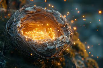 Poster - Artistic rendering of a nest made from fragments of a supernova, glowing with the remnants of stellar explosions,