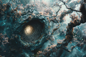 Poster - Depiction of a bird's nest integrated into an alien tree on a distant planet, with strange, luminescent flora.