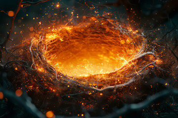 Poster - Artistic rendering of a nest made from fragments of a supernova, glowing with the remnants of stellar explosions,