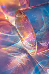 Aufkleber - A close-up of a crystal lens projecting intricate rainbow patterns onto a white surface, with the colors blending and shifting,