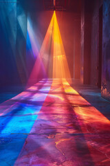Aufkleber - A dynamic image of a light beam passing through a prism, splitting into a spectrum of colors that paint the surrounding walls,