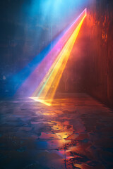 Aufkleber - A dynamic image of a light beam passing through a prism, splitting into a spectrum of colors that paint the surrounding walls,