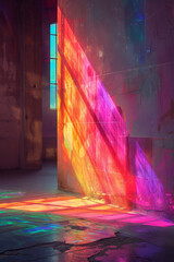 Aufkleber - A dynamic image of a light beam passing through a prism, splitting into a spectrum of colors that paint the surrounding walls,