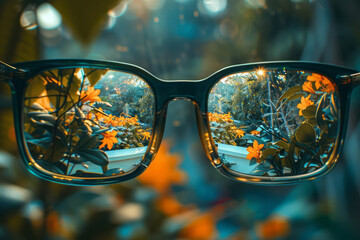 Fototapete - A close-up of eyeglasses reflecting a fractured, multifaceted view of a garden, each lens showing a different angle,
