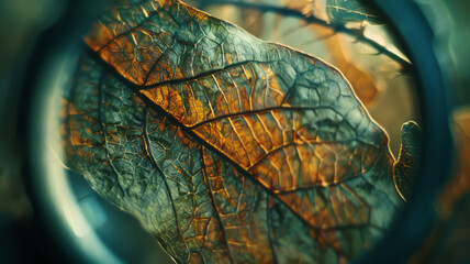 Aufkleber - An artistic rendering of a convex lens magnifying the details of a leaf, with the veins and textures brought into sharp focus,