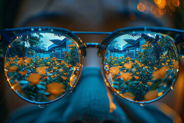 Aufkleber - A close-up of eyeglasses reflecting a fractured, multifaceted view of a garden, each lens showing a different angle,