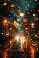 Aufkleber - A night scene where a lens captures and distorts streetlights into starburst patterns, creating a dreamy, ethereal effect,