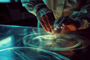 Aufkleber - An illustration of a scientist holding a lens that bends and twists light into swirling, abstract shapes on a laboratory table,