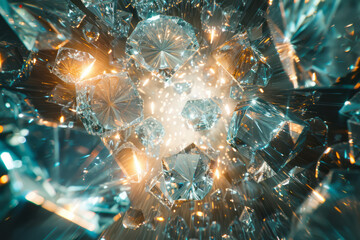 Aufkleber - A scene of a room filled with mirrors and lenses, each reflecting and refracting light into a maze of intricate patterns,