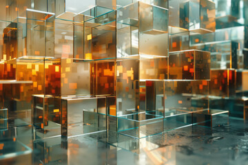 Aufkleber - A scene of a room filled with mirrors and lenses, each reflecting and refracting light into a maze of intricate patterns,