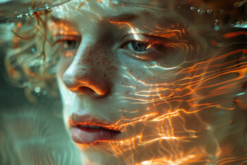 Aufkleber - An abstract depiction of a lens creating a distorted, wavy reflection of a personâ€™s face, emphasizing the fluidity of perception,