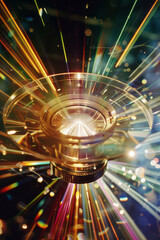 Aufkleber - A deconstructed camera lens with each glass element and aperture blade suspended in mid-air, surrounded by light rays,