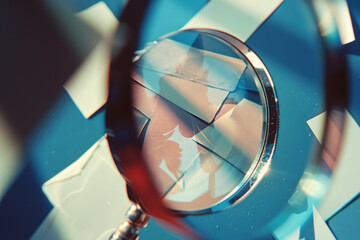 Aufkleber - An abstract illustration of a magnifying glass, with its glass and frame pieces floating apart, casting shadows and reflections,