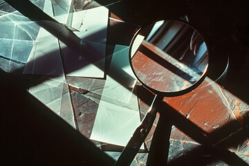 Aufkleber - An abstract illustration of a magnifying glass, with its glass and frame pieces floating apart, casting shadows and reflections,