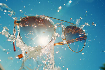 Fototapete - An exploded view of a sunglasses lens, with its UV-protection layers and tint separated and hovering in a bright sunlight scene,