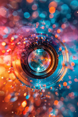 Poster - A lens surrounded by an explosion of color, with vibrant shapes and patterns radiating outward,