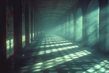 Poster - Scene of a lens hovering in a dark room, casting beams of light that create intricate shadow patterns on the walls,