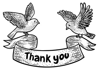 Wall Mural - birds carry thank you banner ribbon sketch engraving PNG illustration. T-shirt apparel print design. Scratch board imitation. Black and white hand drawn image.