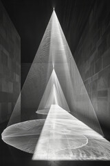 Poster - Abstract image of a lens at the apex of a pyramid, with lines and shapes cascading down its sides,