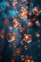 Poster - Artistic scene of a lens interacting with floating tetrahedrons, connected by delicate lines of light,