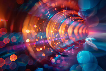 Fototapete - Abstract image of a lens with beams of light forming interlocking rings and polygons,