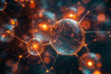 Poster - A lens interacting with a series of geometric shapes, each connected by intricate lines of light,