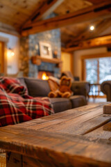 Wall Mural - A wooden coffee table in the foreground with a blurred background of a rustic cabin living room. The background features a stone fireplace, cozy couches with plaid blankets and wooden beams