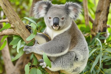 Wall Mural - Koala bear in the Australian bush, sitting on a eucalyptus tree branch. Cute animal portrait, natural greenery in the background. Horizontal. Space for copy.