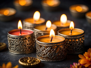 Wall Mural - Tea light candles decorated in the Diwali festival design.